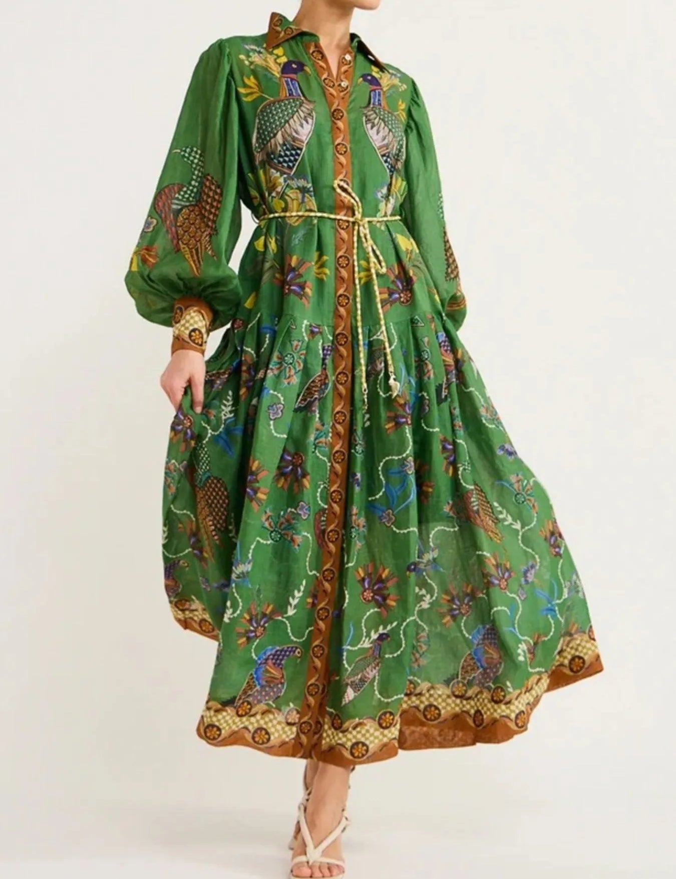 Green floral print silk Daverri Fashions lantern sleeve maxi dress