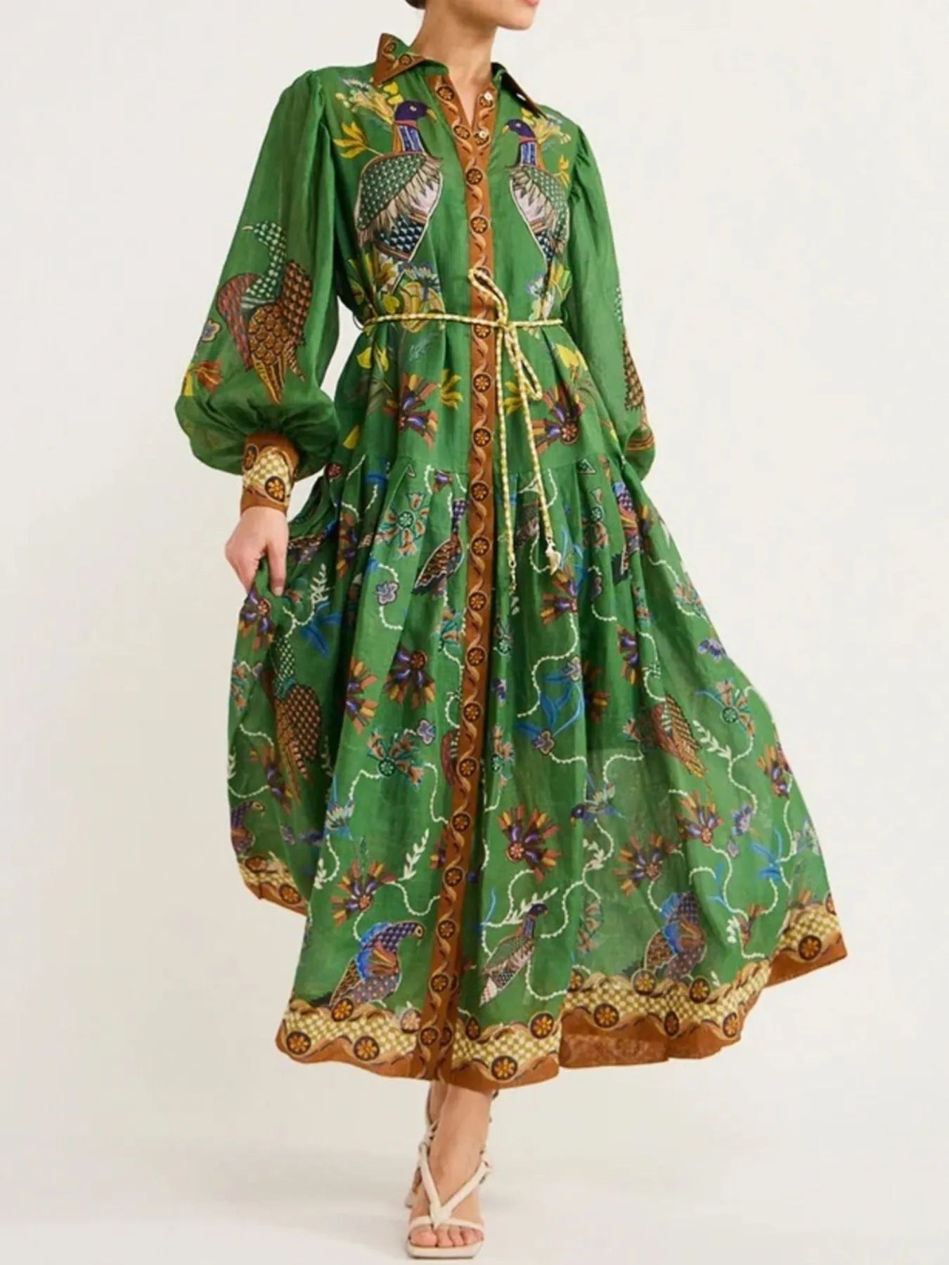Green floral print silk Daverri Fashions lantern sleeve maxi dress