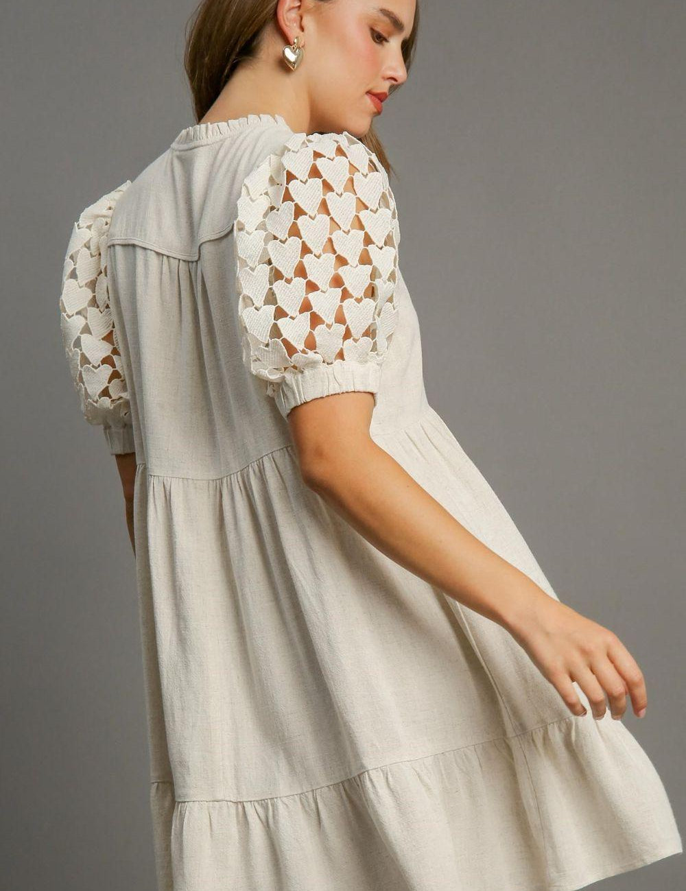 Umgee Ruffled Hem Heart Lace Sleeve Tie Neck Dress M | Mini Dresses Daverri Fashions