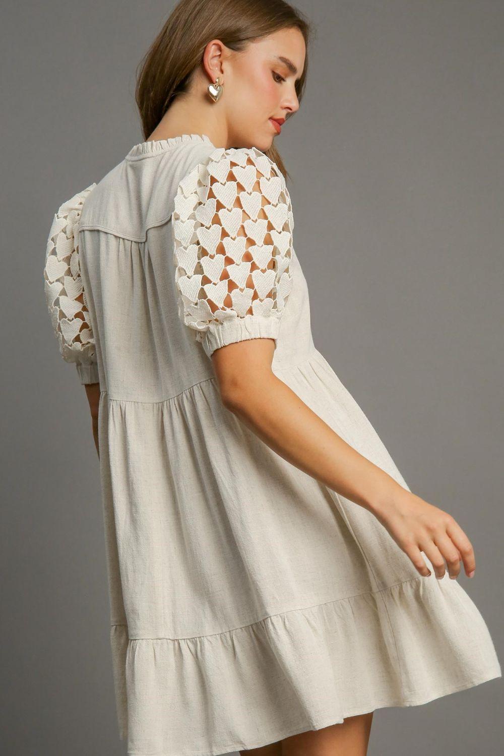 Umgee Full Size Ruffled Hem Heart Lace Sleeve Tie Neck Dress Mini Dresses