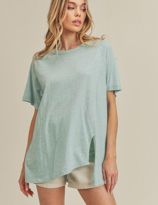 Sky Aemi + Co Asymmetrical Front Slit Round Neck Raglan Sleeve T-Shirt | T-Shirts Daverri Fashions
