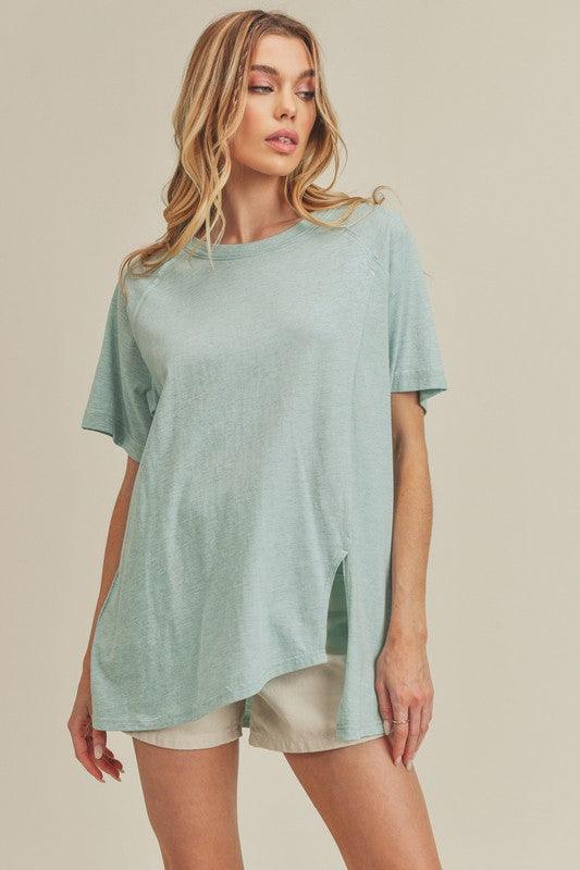 Aemi + Co Asymmetrical Front Slit Round Neck Raglan Sleeve T-Shirt Sky T-Shirts