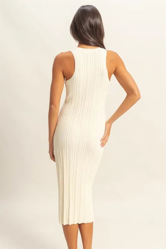 HYFVE White Round Neck Bodycon Ribbed Knit Dress Midi Dresses