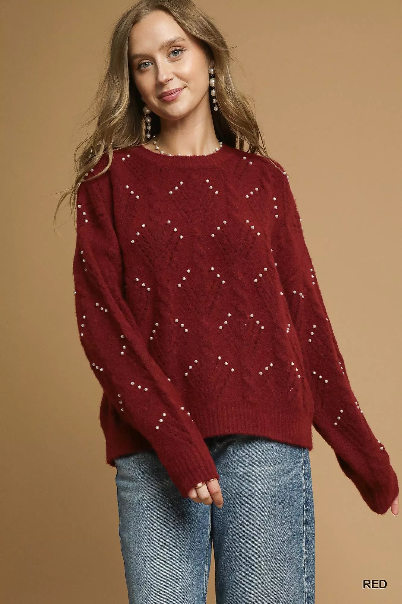 Red Umgee Pearl-Embellished Long Sleeve Sweater | Sweaters Daverri Fashions