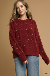 Red Umgee Pearl-Embellished Long Sleeve Sweater | Sweaters Daverri Fashions