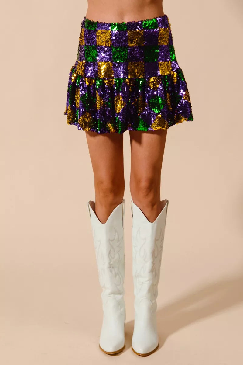 SO ME Mardi Gras checker sequins mini skirt in green, purple, gold