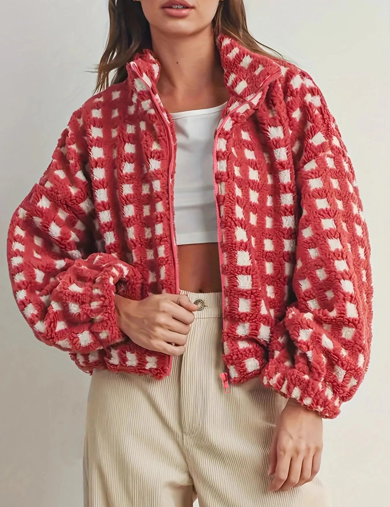 Fleece Checkered Puff Sleeve Bomber Jacket | Jackets Daverri Fashions
