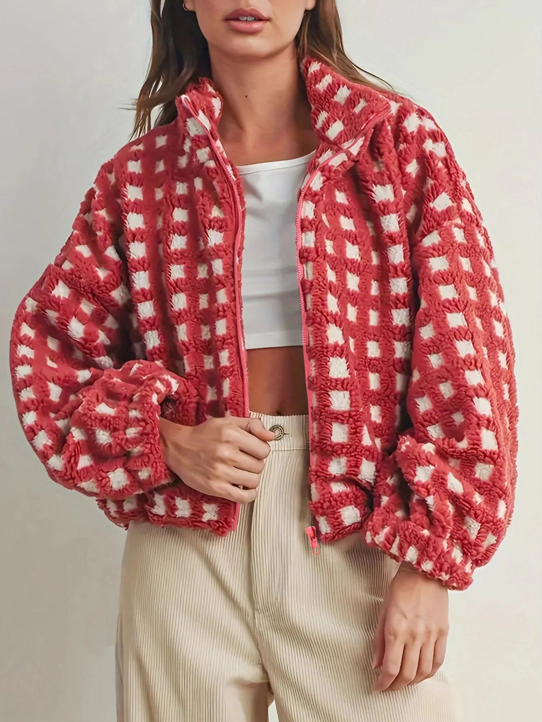 Fleece Checkered Puff Sleeve Bomber Jacket | Jackets Daverri Fashions