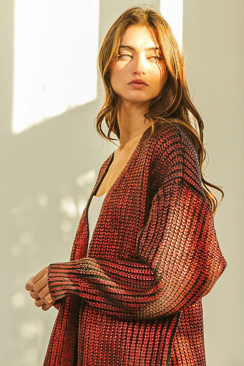 BiBi Metallic Knit V-neck Open Sweater Cardigan in red-bronze gradient