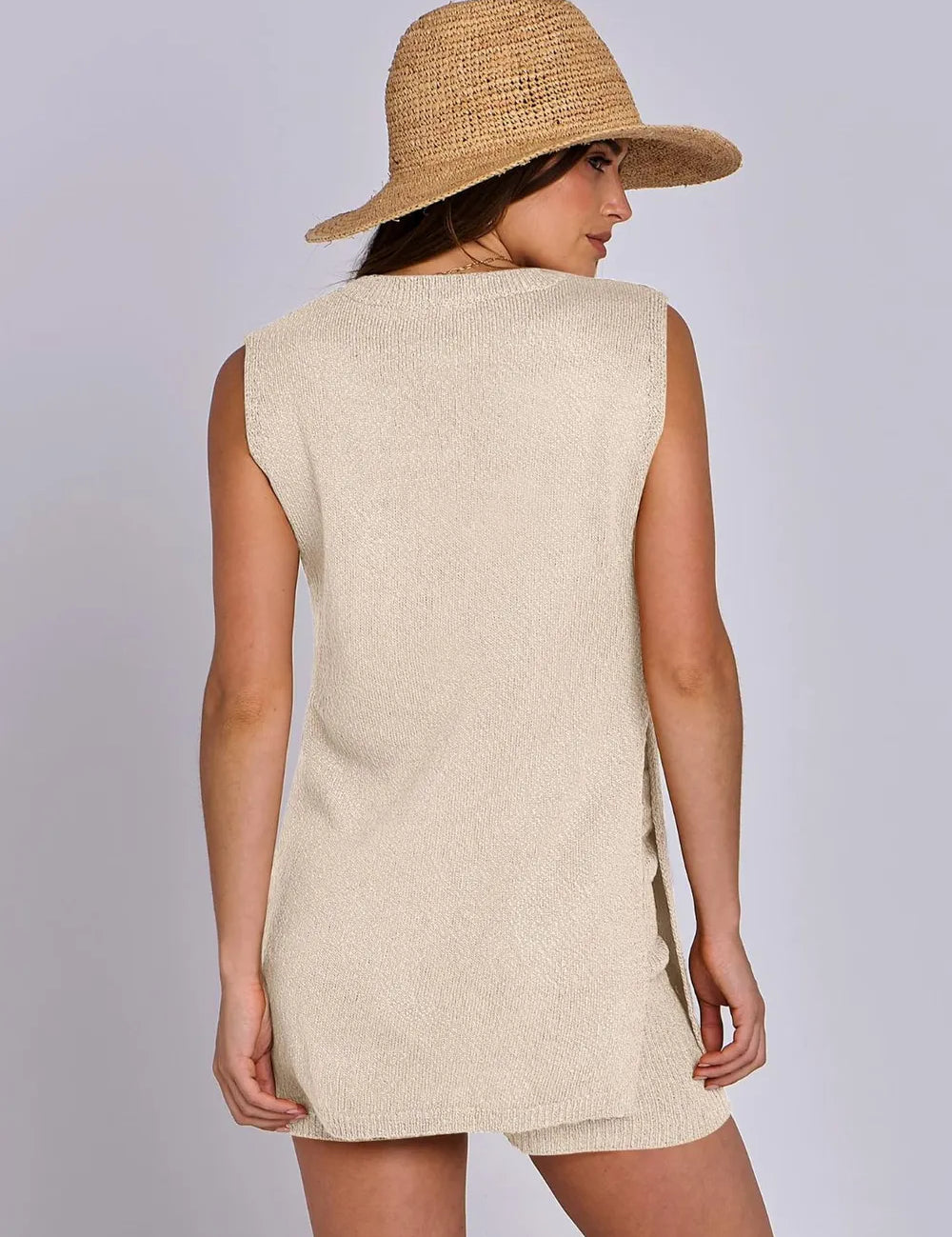 Side Slit Round Neck Tank and Ribbed Shorts Sweater Set | Outfit Sets Daverri Fashions
