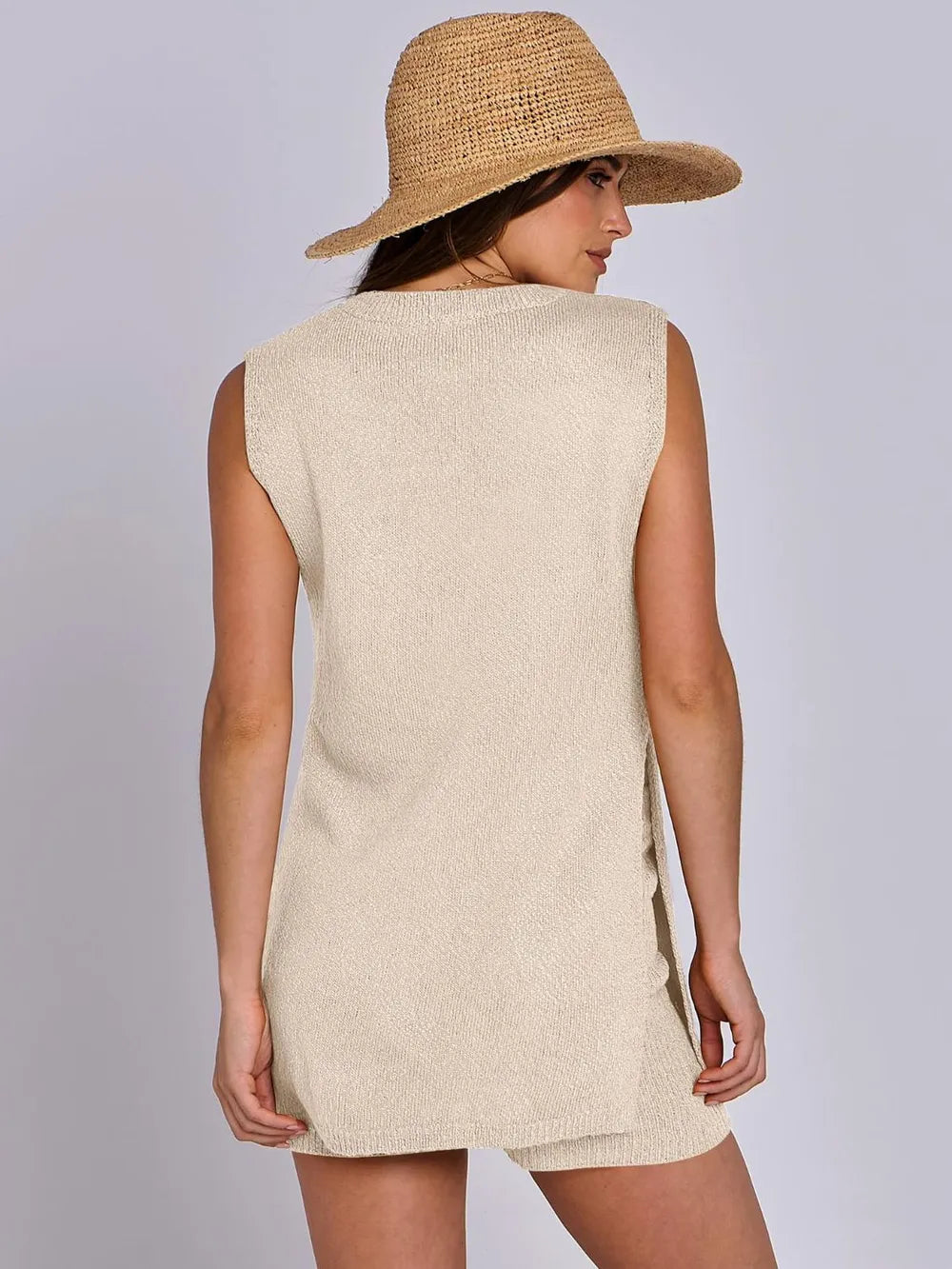 Side Slit Round Neck Tank and Ribbed Shorts Sweater Set | Outfit Sets Daverri Fashions