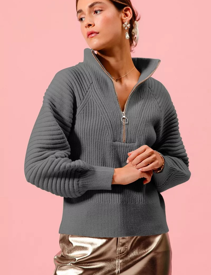 CHARCOAL SO ME Half Zip Raglan Balloon Sleeves Ribbed Sweater | Sweaters Daverri Fashions