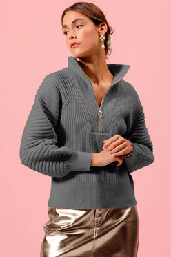 SO ME Half Zip Raglan Balloon Sleeves Ribbed Sweater - DAVERRI FASHIONS