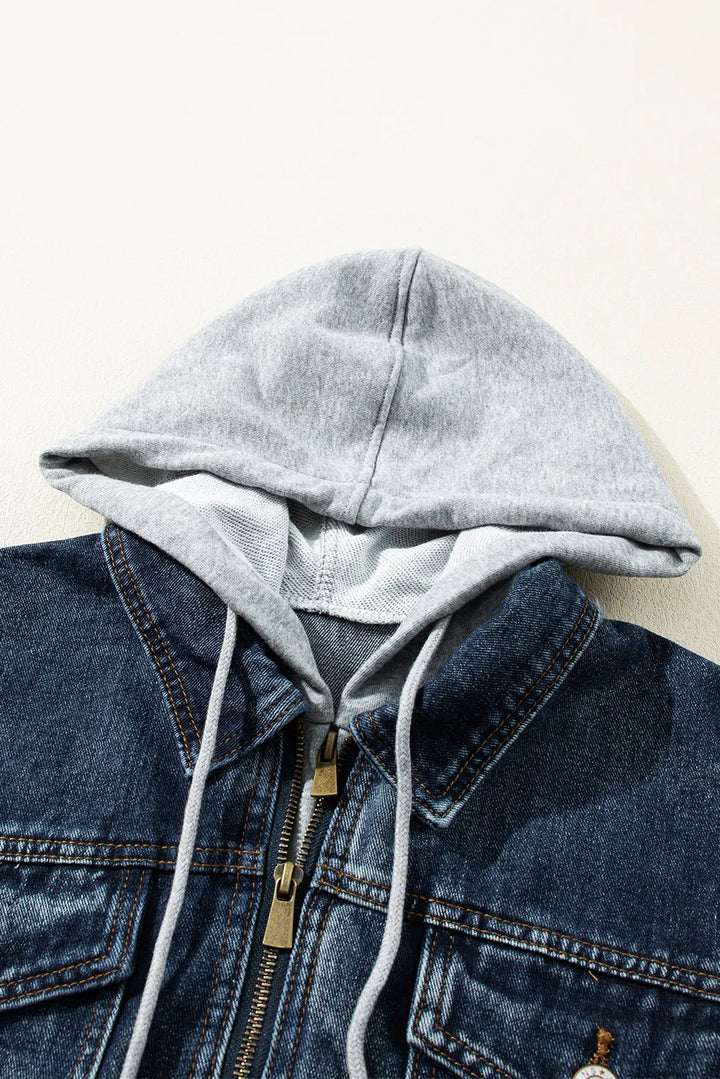 Faux Two-Piece Hooded Zip-Up Denim Jacket | Denim Jackets Daverri Fashions