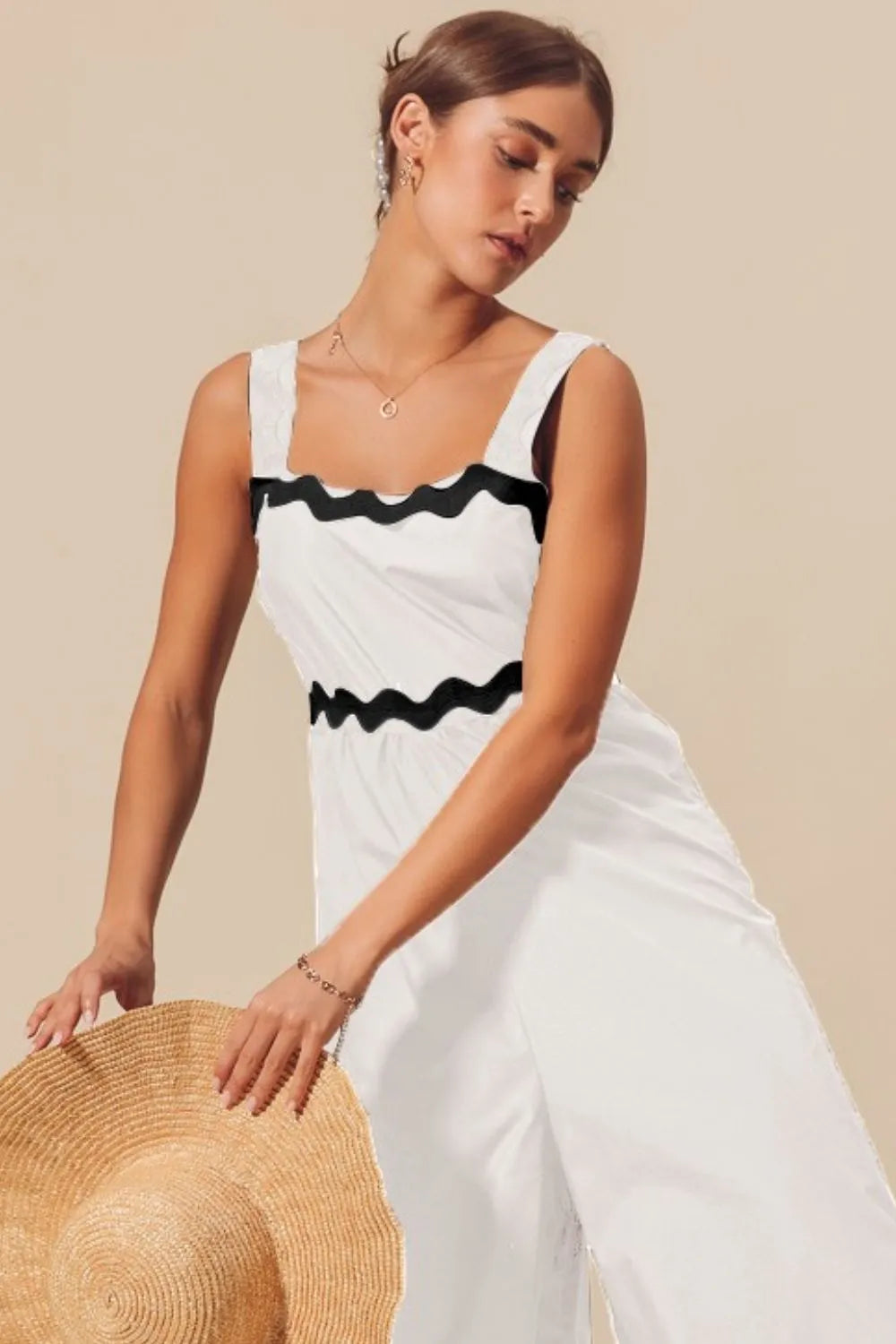 SO ME Scallop Ric Rac Trimmed Wide Leg Jumpsuit Jumpsuits