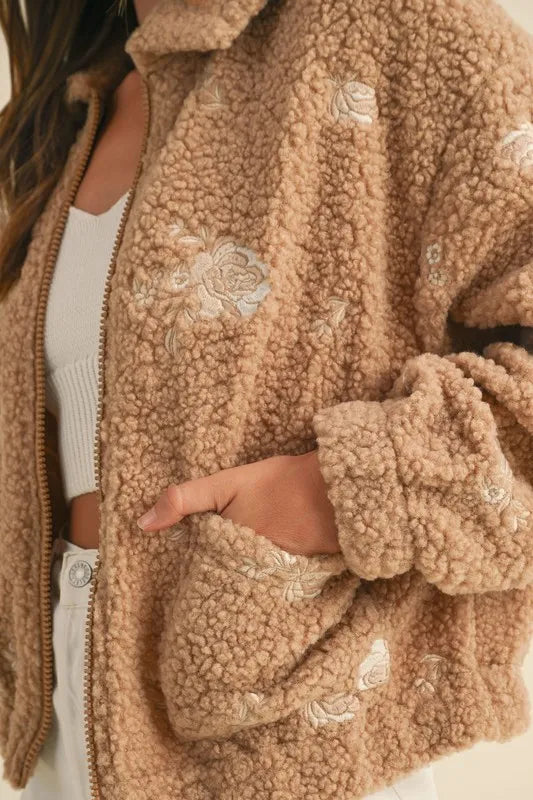 MABLE Floral Embroidered Fleece Teddy Jacket