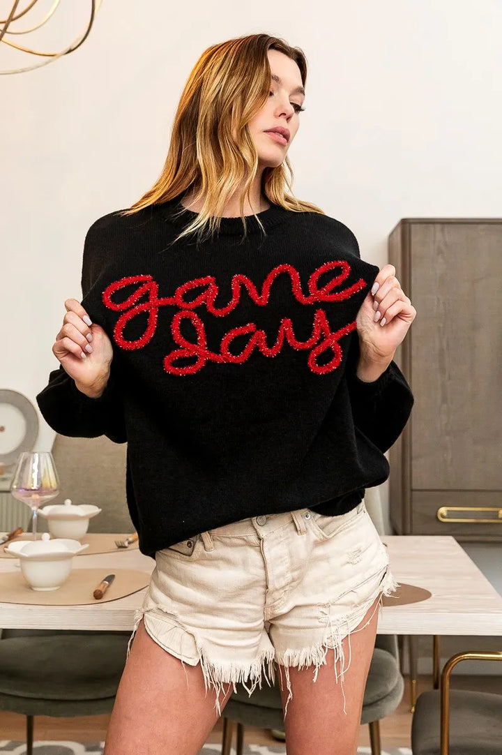 BiBi Game Day Metallic Letter Sweater | Daverri Fashions