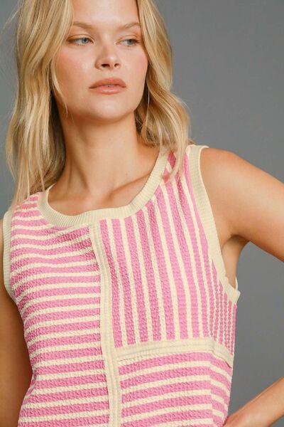 Umgee Round Neck Texture Striped Tank Pink - DAVERRI FASHIONS