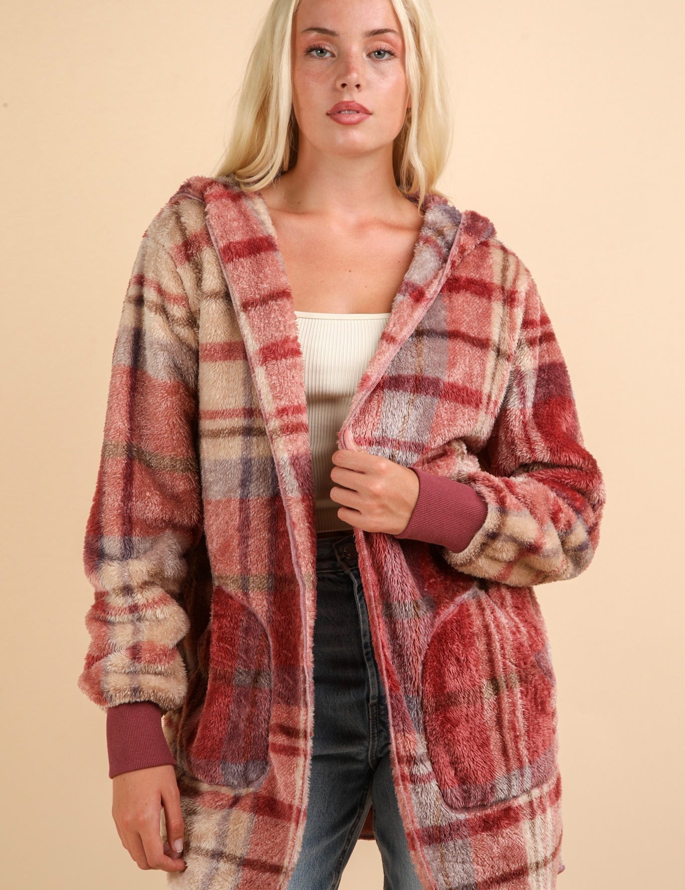 VERY J Fuzzy Plaid Long Sleeve Hooded Jacket Mauve Mix S Tops