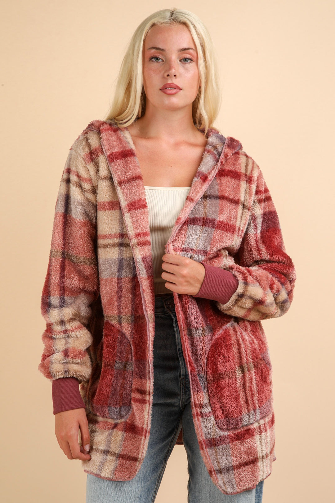 VERY J Fuzzy Plaid Long Sleeve Hooded Jacket Mauve Mix Tops