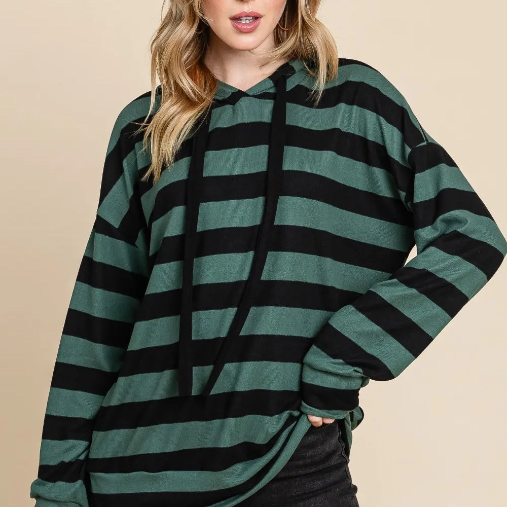 Forest Green Black BOMBOM Drawstring Striped Dropped Shoulder Hoodie | Hoodies Daverri Fashions