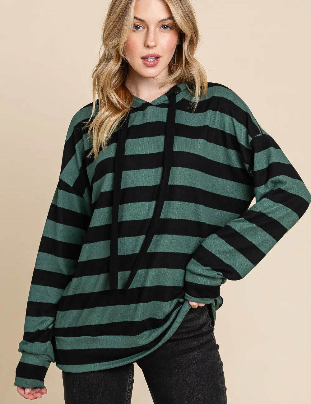 Forest Green Black BOMBOM Drawstring Striped Dropped Shoulder Hoodie | Hoodies Daverri Fashions