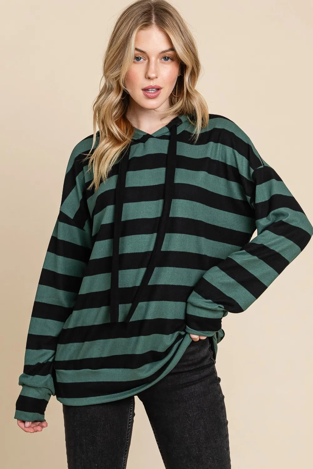 Forest Green Black BOMBOM Drawstring Striped Dropped Shoulder Hoodie | Hoodies Daverri Fashions