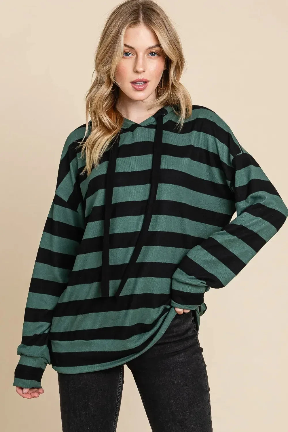 BOMBOM Drawstring Striped Dropped Shoulder Hoodie - DAVERRI FASHIONS
