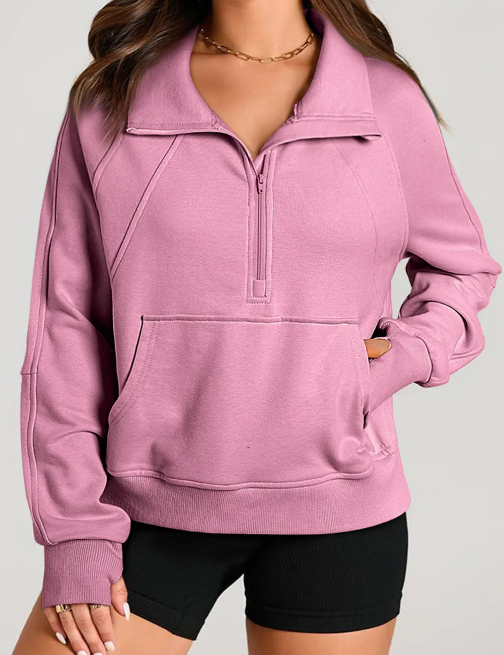 Dusty Pink Half Zip Long Sleeve Sweatshirt | Sweatshirts Daverri Fashions