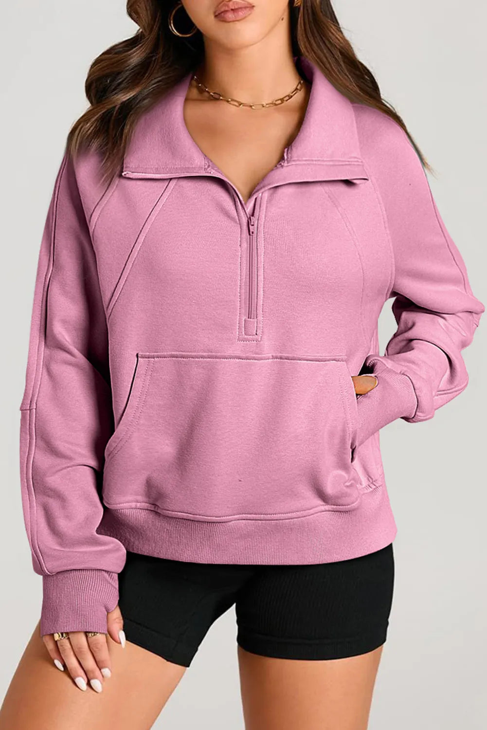 Dusty Pink Half Zip Long Sleeve Sweatshirt | Sweatshirts Daverri Fashions