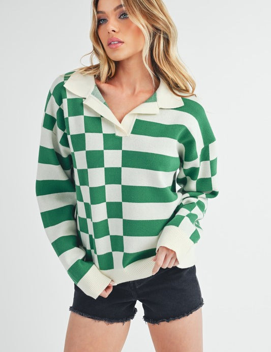 Aemi + Co Striped & Checkered Drop Shoulder Sweater