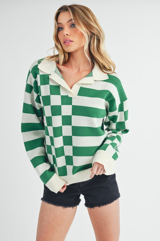 Aemi + Co Striped & Checkered Drop Shoulder Sweater Sweaters