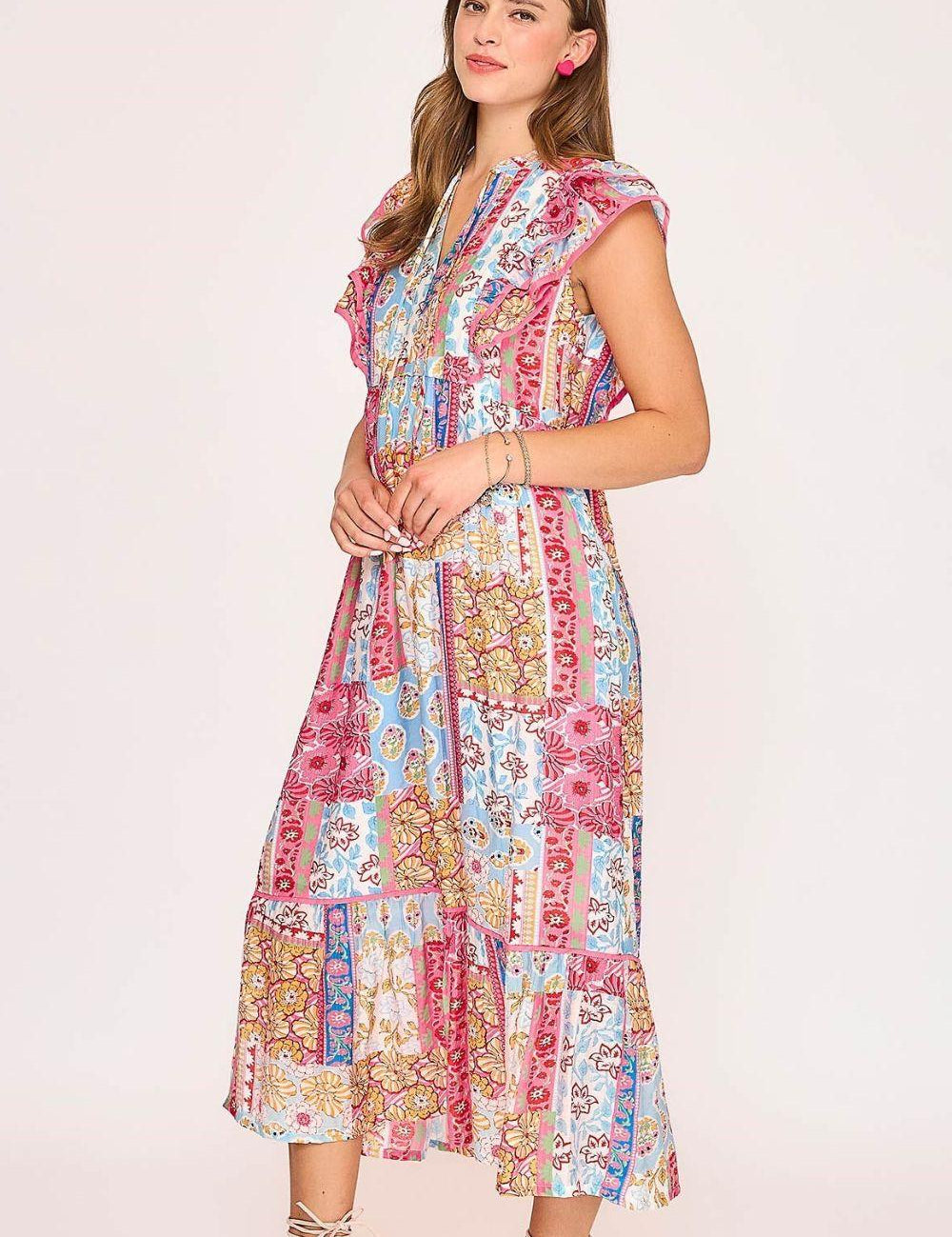 Umgee Full Size Tie Neck Double Layered Ruffle Sleeve Midi Dress Plus Size | Daverri Fashions