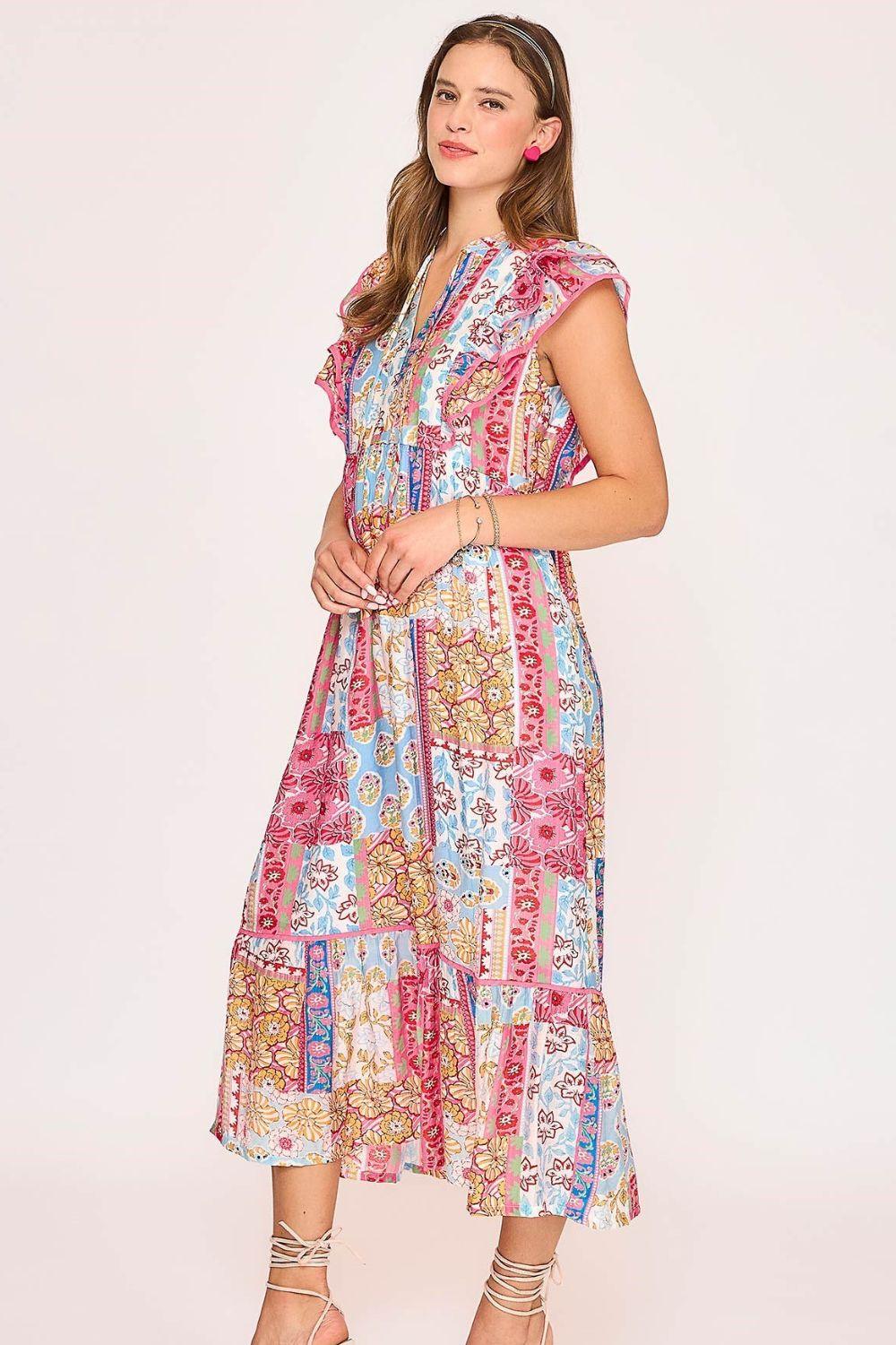 Umgee Full Size Tie Neck Double Layered Ruffle Sleeve Midi Dress Plus Size | Daverri Fashions