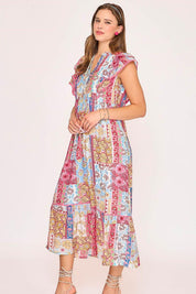 Umgee Full Size Tie Neck Double Layered Ruffle Sleeve Midi Dress Plus Size | Daverri Fashions