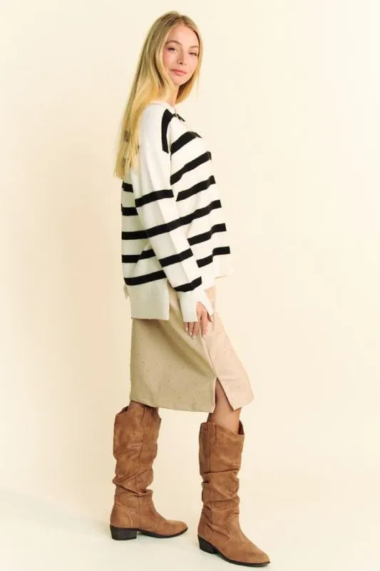 Woman in Davi & Dani high-low side slit striped johnny collar sweater