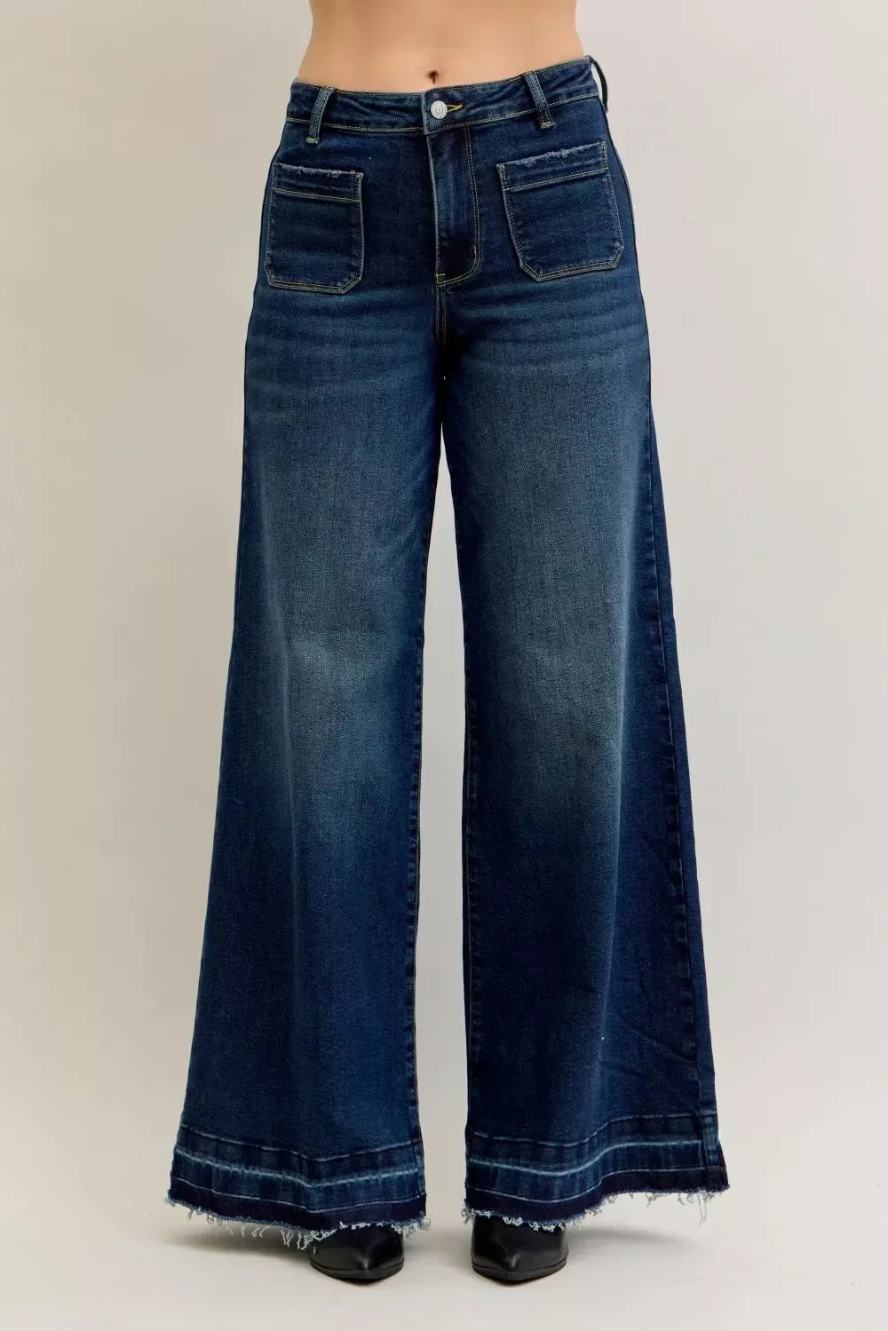 Judy Blue High Waist Palazzo Jeans with Front Patch Pockets - DAVERRI FASHIONS
