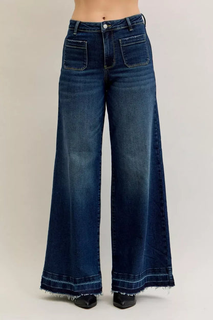 Judy Blue High Waist Palazzo Jeans with Front Patch Pockets - DAVERRI FASHIONS