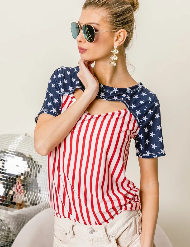 RED STRIPE BiBi American Flag Theme Front Cut Out Top | Tops Daverri Fashions