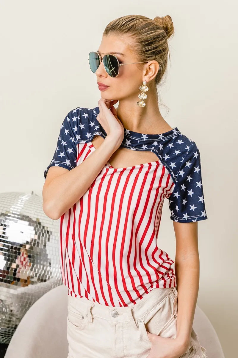 BiBi American Flag Theme Front Cut Out Top RED STRIPE Tops