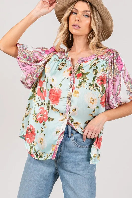 SAGE+FIG Plus Size Floral Mineral Wash French Terry Button Up Shirt | Daverri Fashions