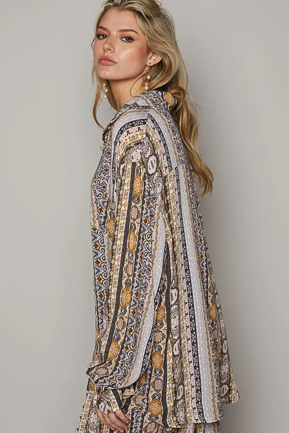 POL Long Sleeve Button Down Printed Shirt - DAVERRI FASHIONS