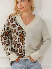 Leopard Leopard V Neck Drop Shoulder Sweater | Sweaters Daverri Fashions