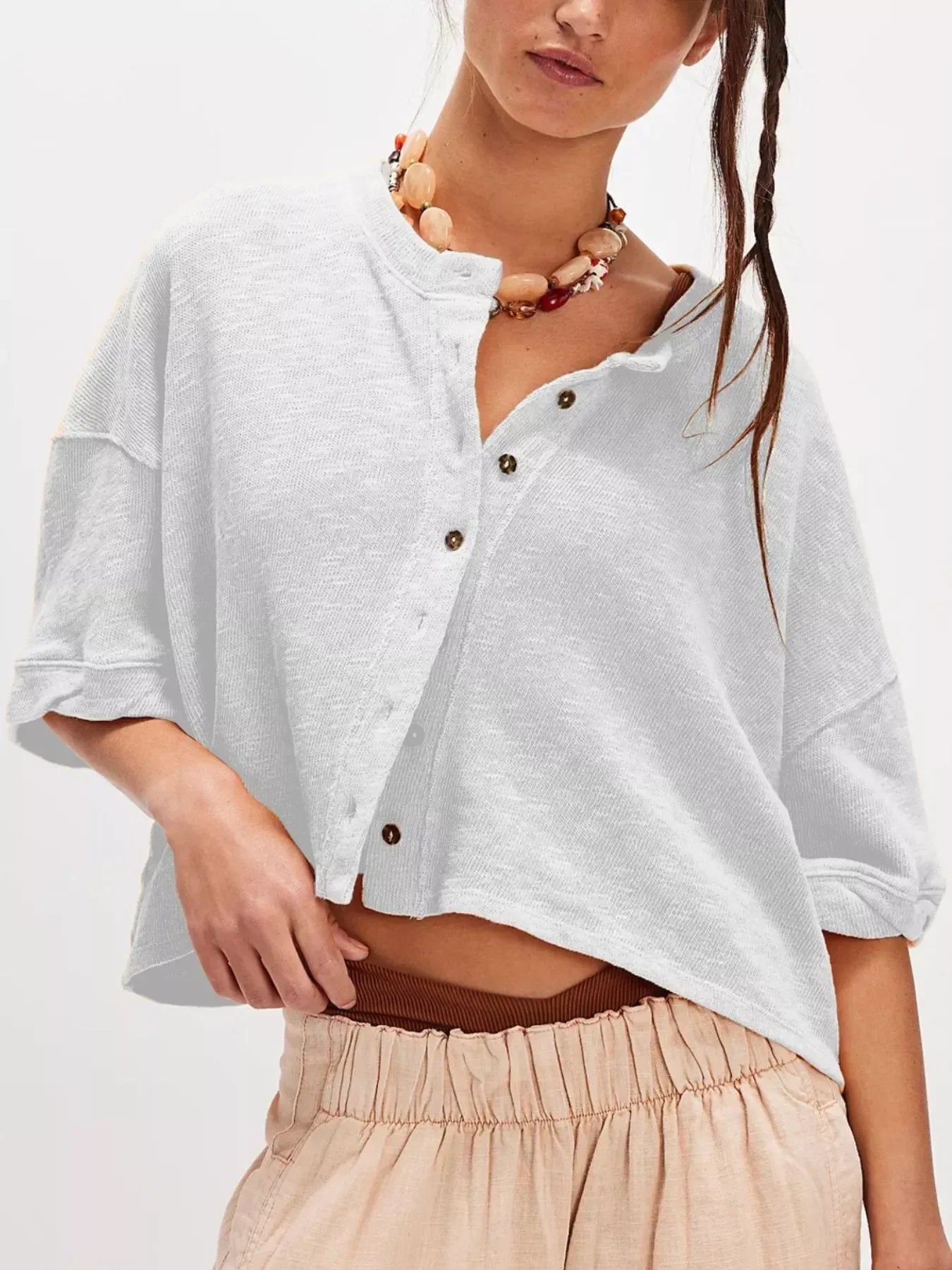 Button-Front Half Sleeve Cardigan - DAVERRI FASHIONS