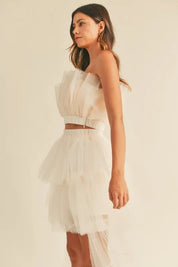 MABLE Tulle Tube Ruffle Crop Top and High Low Maxi Skirt Set | Outfit Sets Daverri Fashions