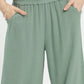 Umgee mint linen wide-leg cropped pants with lace trim and frayed hem