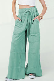 Mineral Wash Exposed Seam Drawstring High Waist Wide Leg Cargo Pants | Loungewear Pants Daverri Fashions
