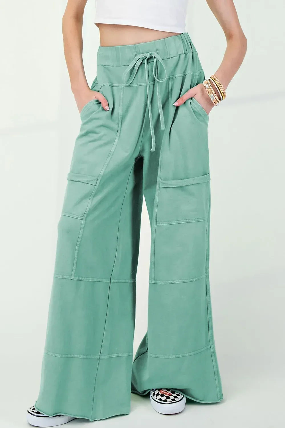 Mineral Wash Exposed Seam Drawstring High Waist Wide Leg Cargo Pants - DAVERRI FASHIONS