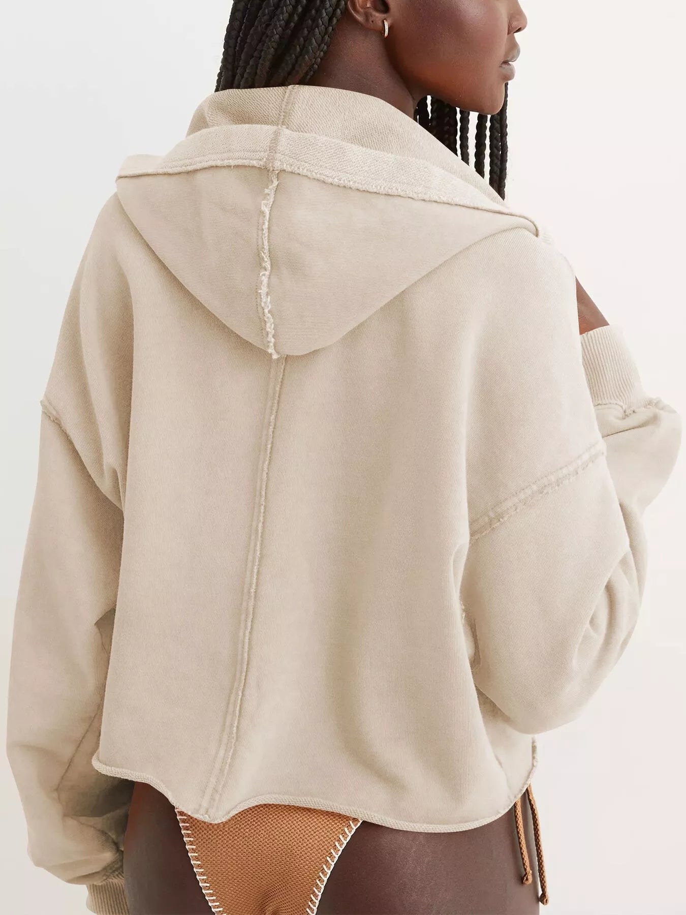 Exposed Seam Dropped Shoulder Beige Cropped Hoodie with distressed look