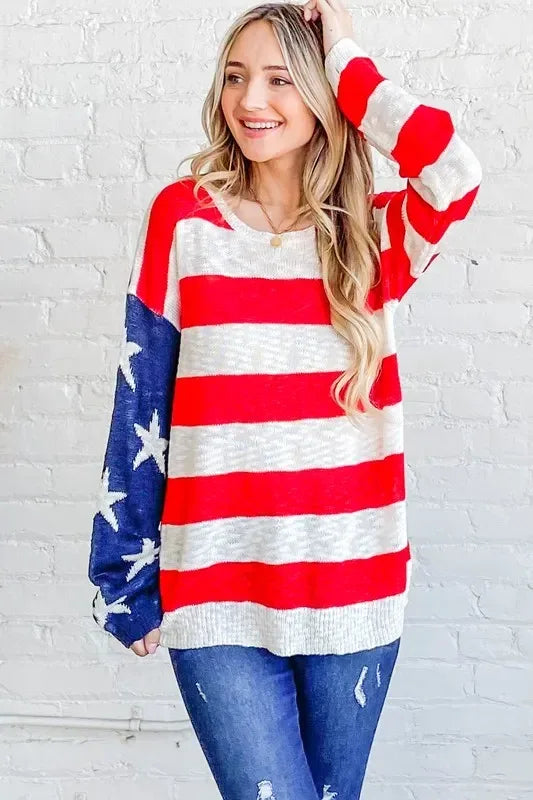 And The Why American Flag Long Sleeve Sweater - DAVERRI FASHIONS